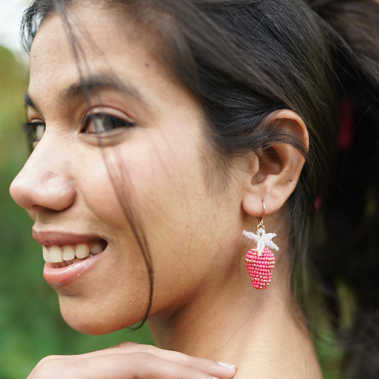 Pink Strawberry Handmade Beaded Drops