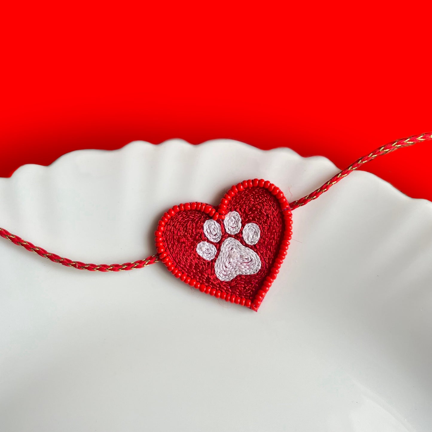 Paw Heart Handmade Beaded Rakhi - Red