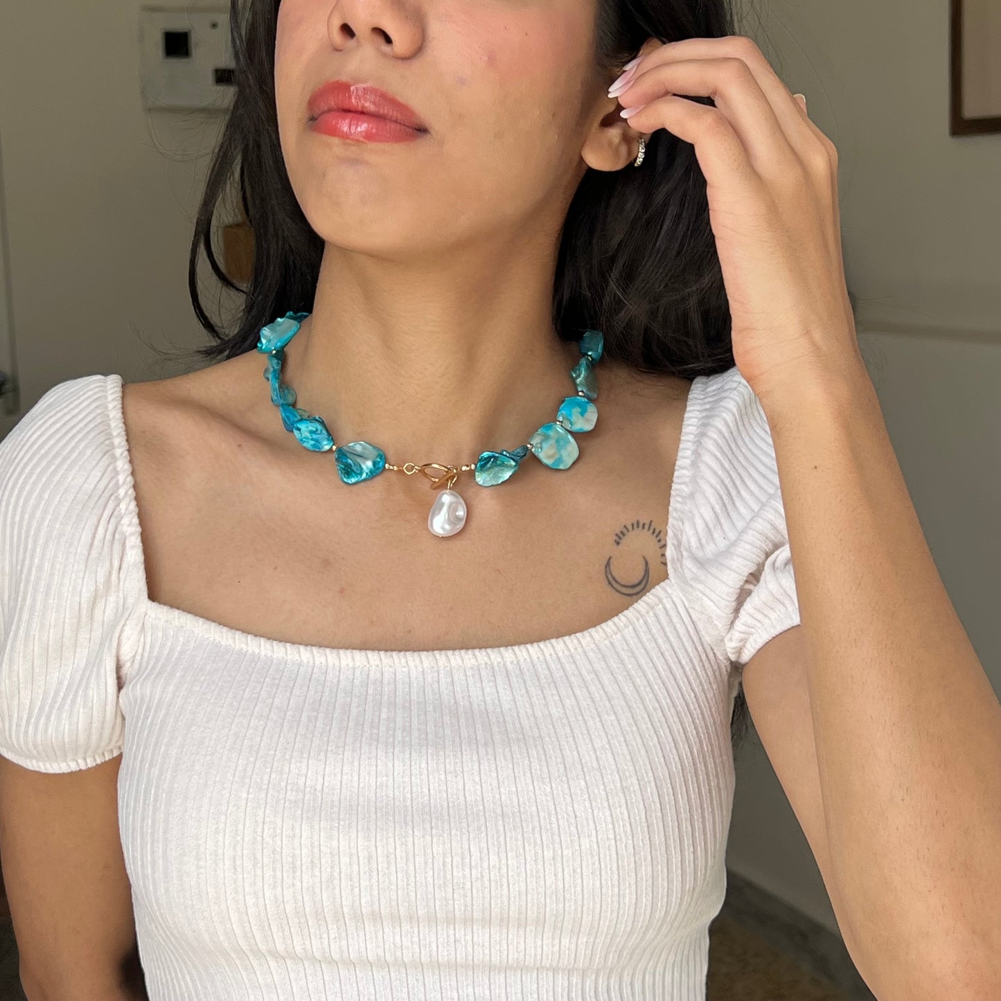 Blue Shell & Pearl Drop Necklace