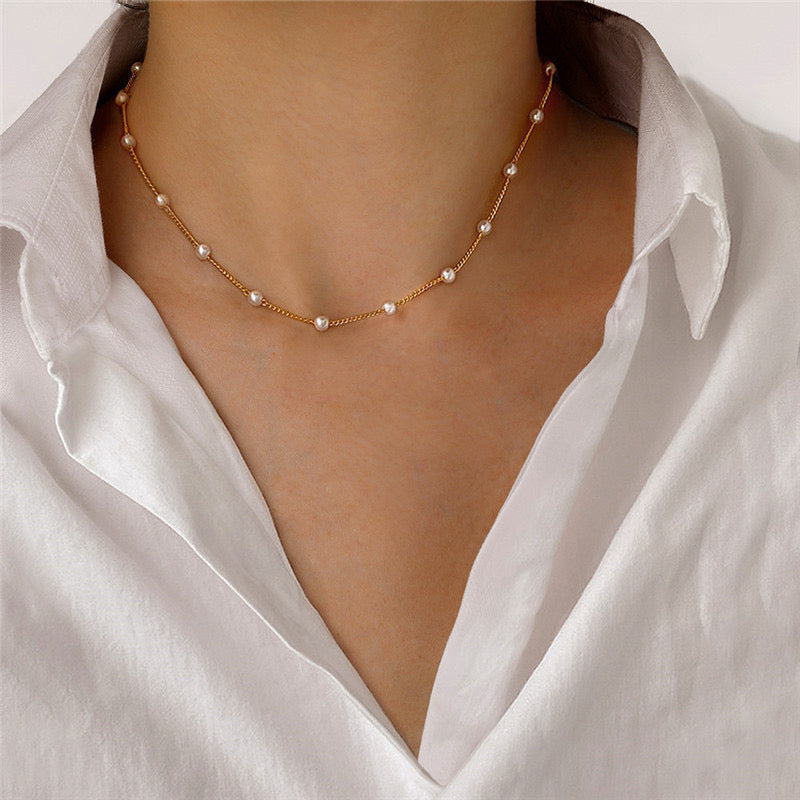 Pearl Thin Gold Chain Necklace
