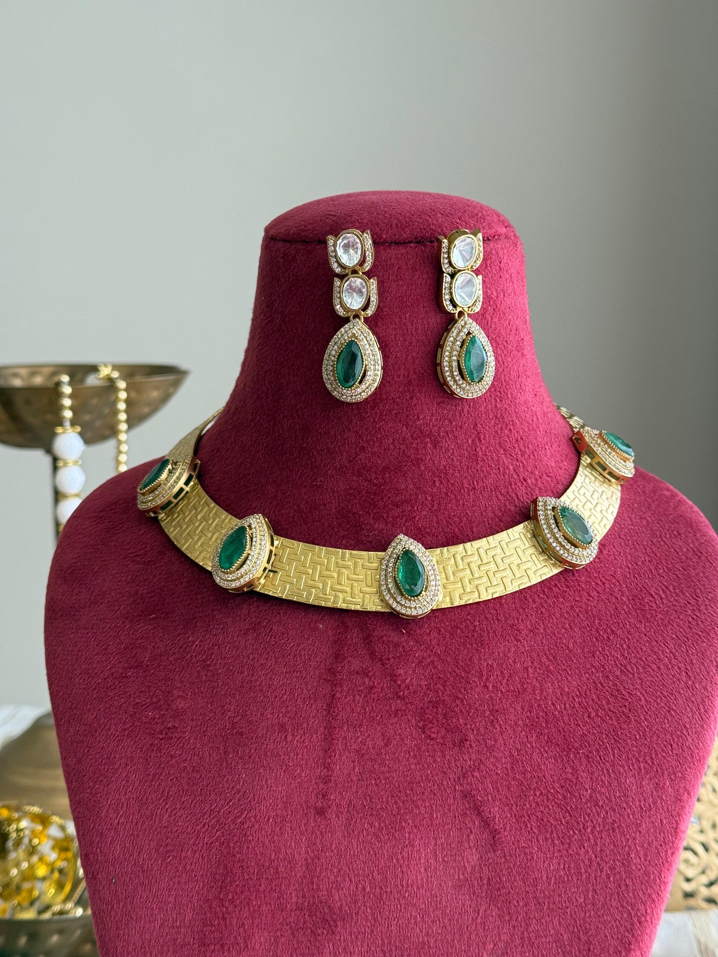 Jodha Emerald Handcrafted Brass Set
