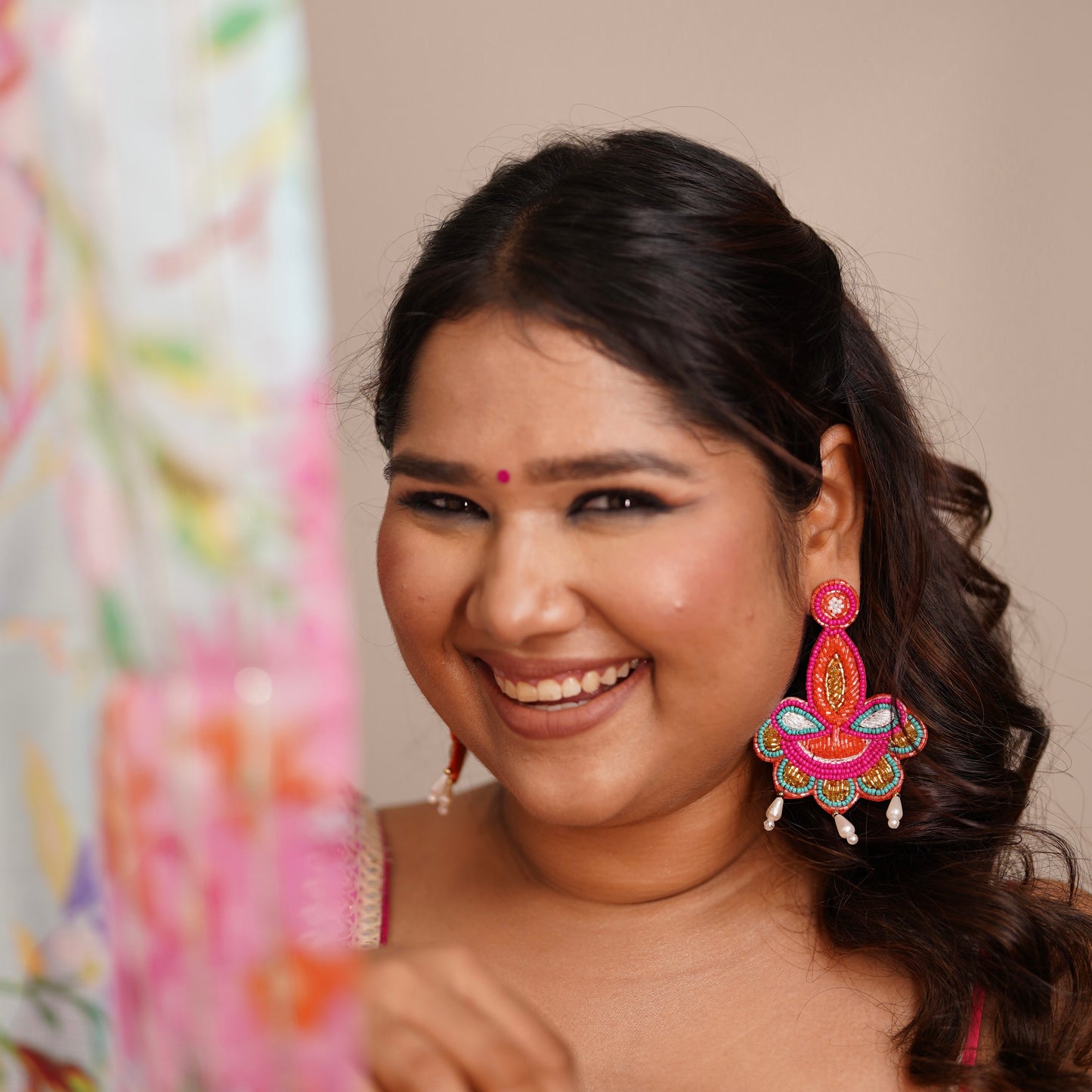 Shama Pink Diya Handmade Beaded Earrings