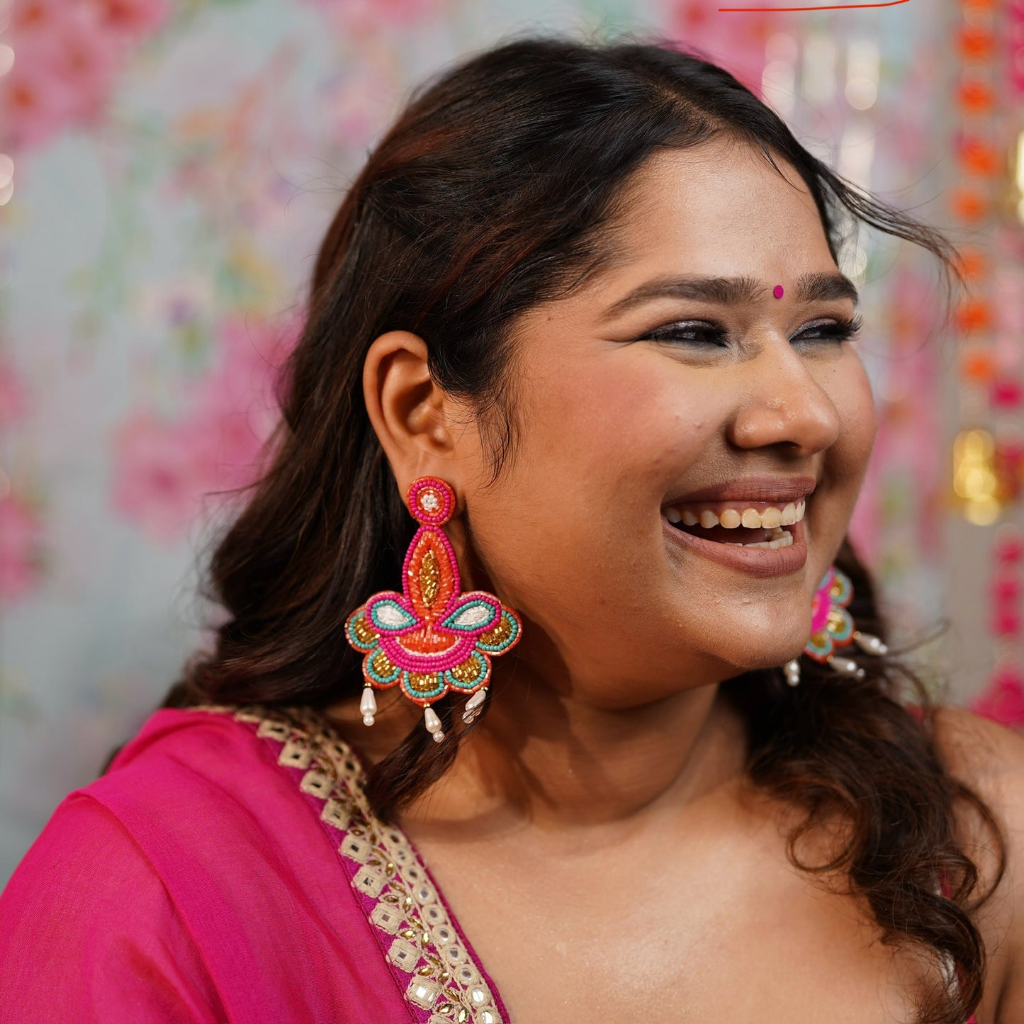 Shama Pink Diya Handmade Beaded Earrings
