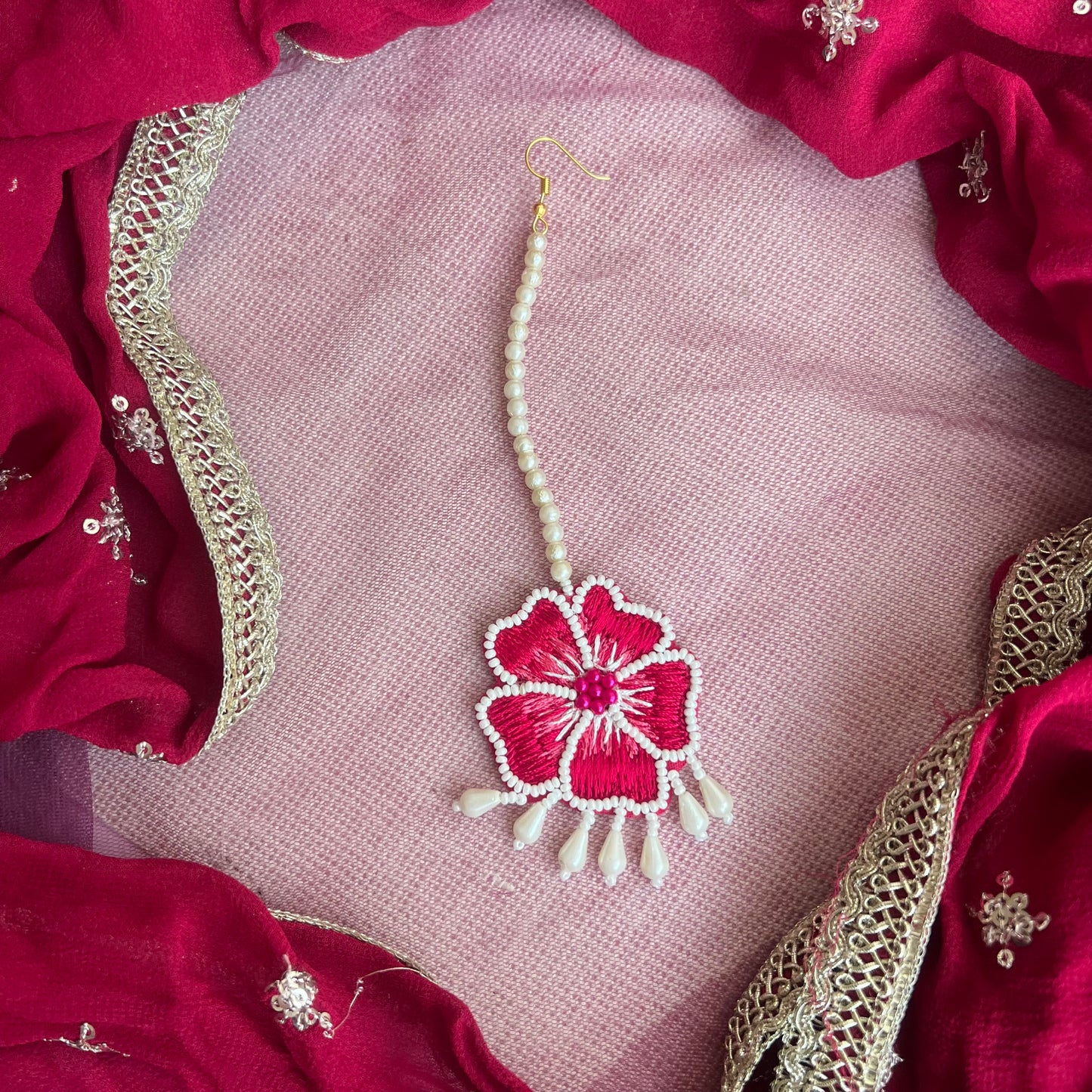 Pink Handmade Beaded Maang tika