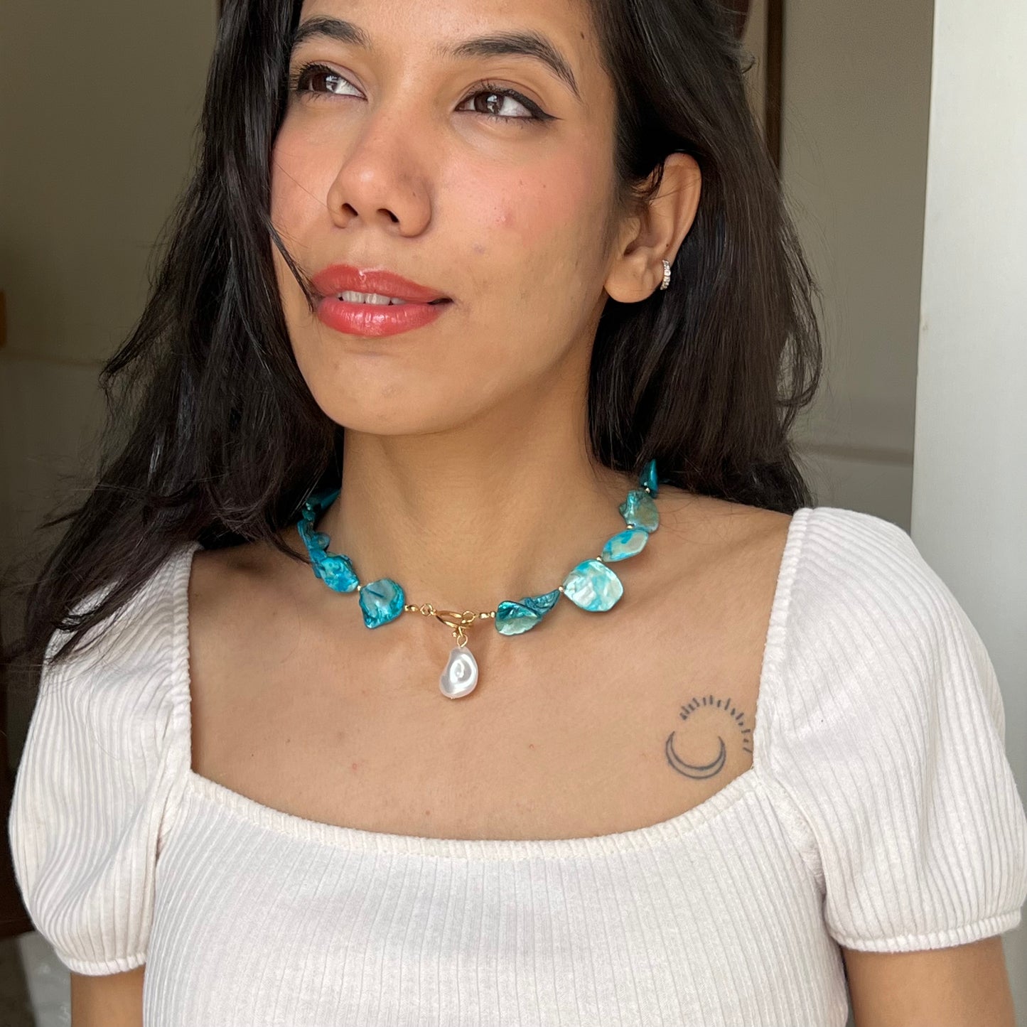 Blue Shell & Pearl Drop Necklace