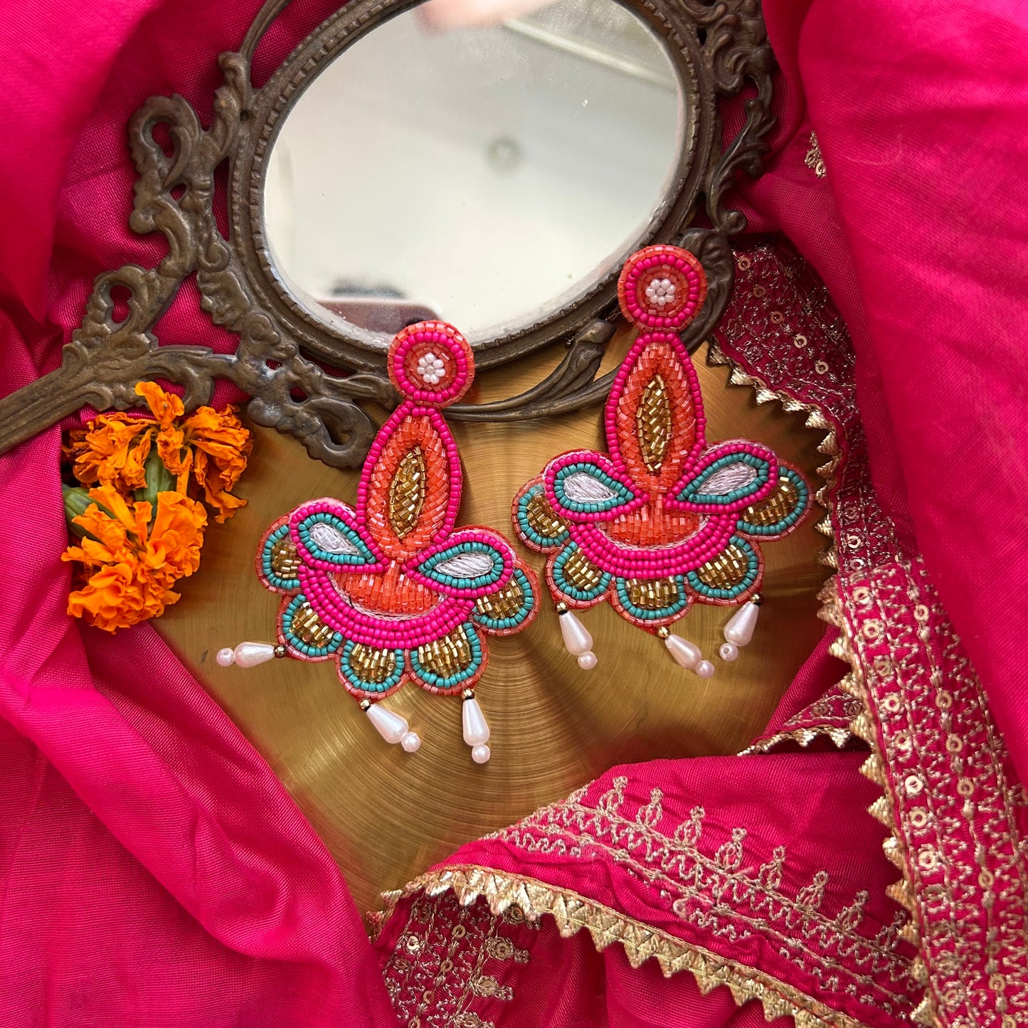 Shama Pink Diya Handmade Beaded Earrings