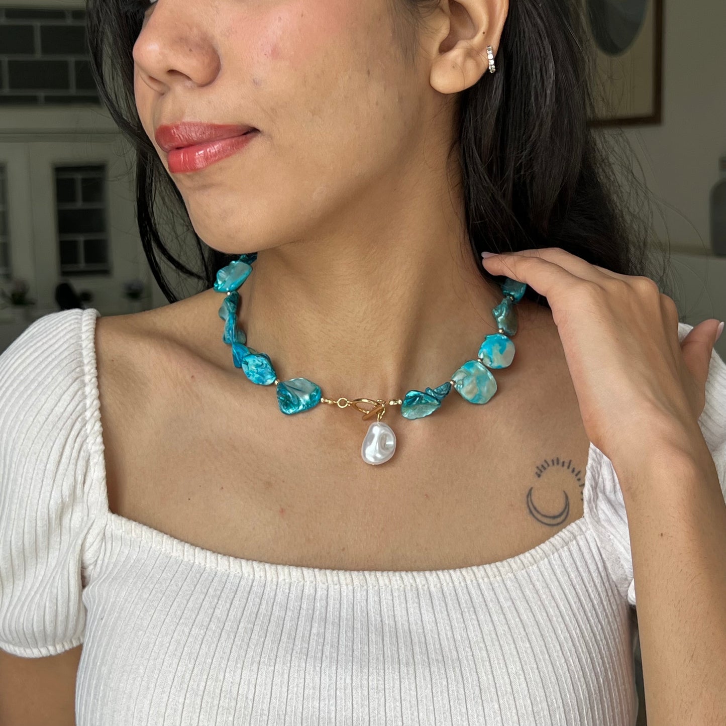 Blue Shell & Pearl Drop Necklace