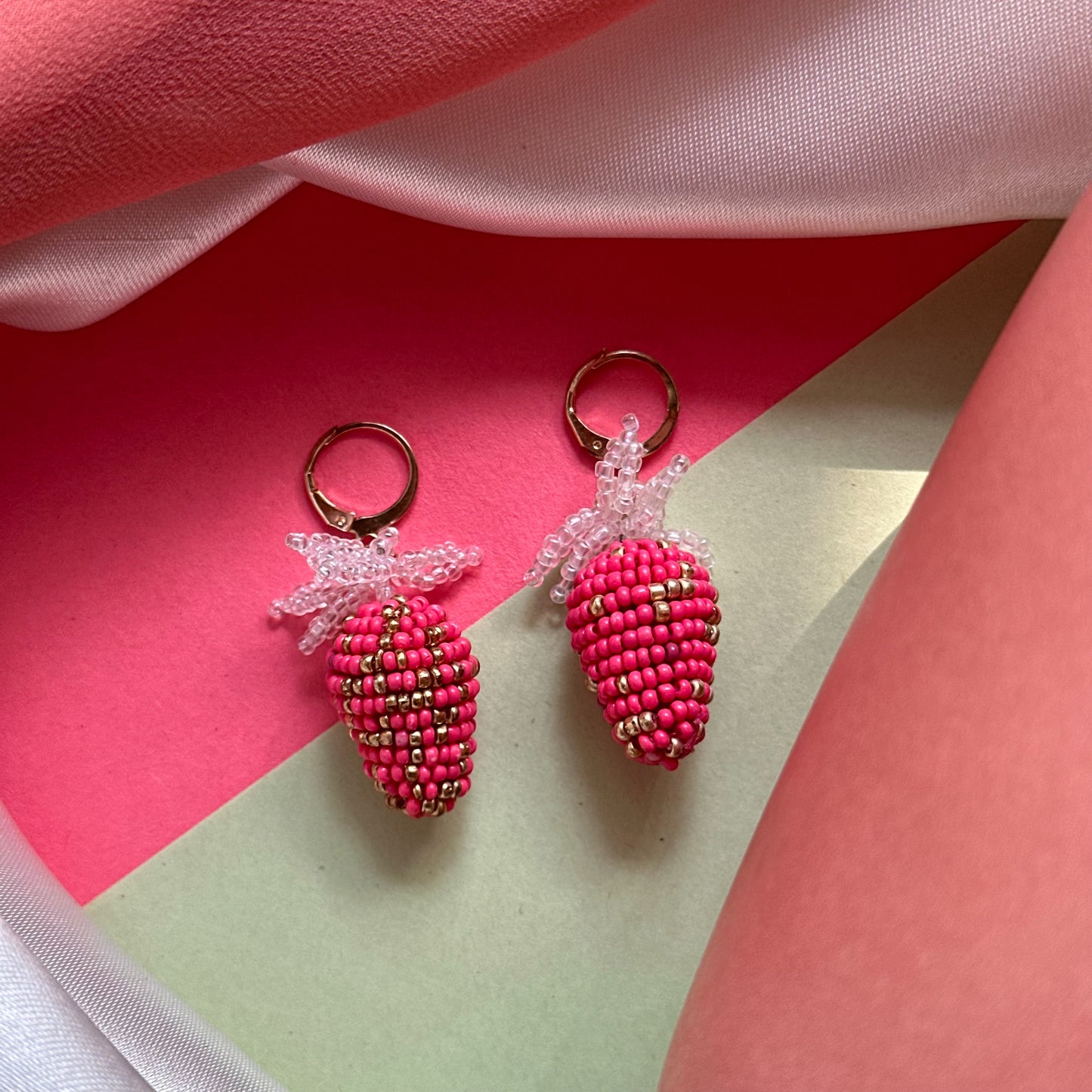 Pink Strawberry Handmade Beaded Drops