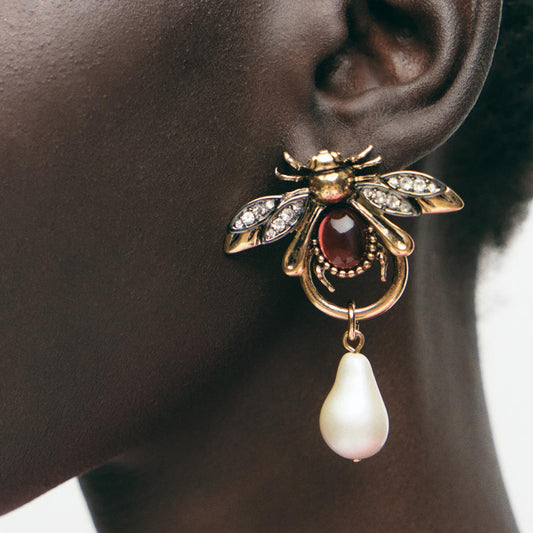 Bee and Faux Pearl Drop Metal Earring Pre Order