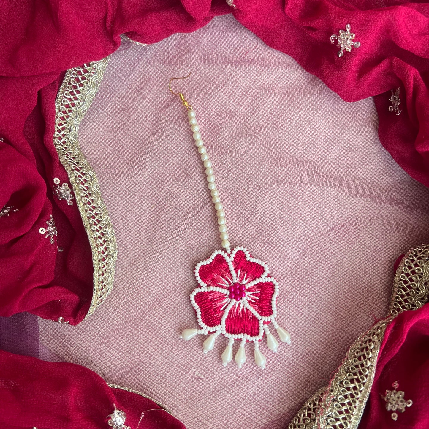 Pink Handmade Beaded Maang tika