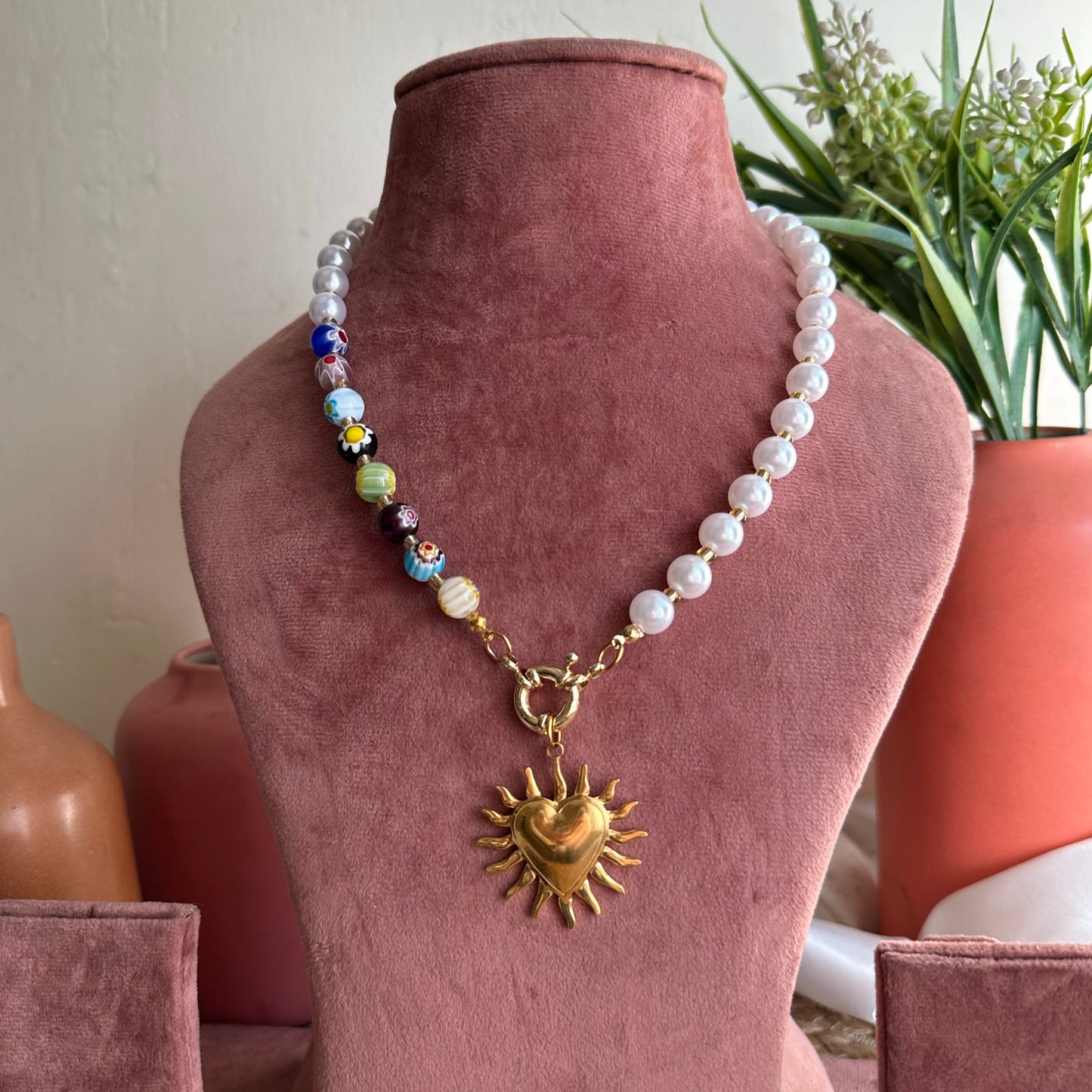 Radiant Heart & Sun Beaded Metal Necklace