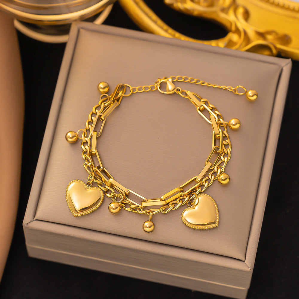 Gold Two-Layered Heart Charm Bracelet