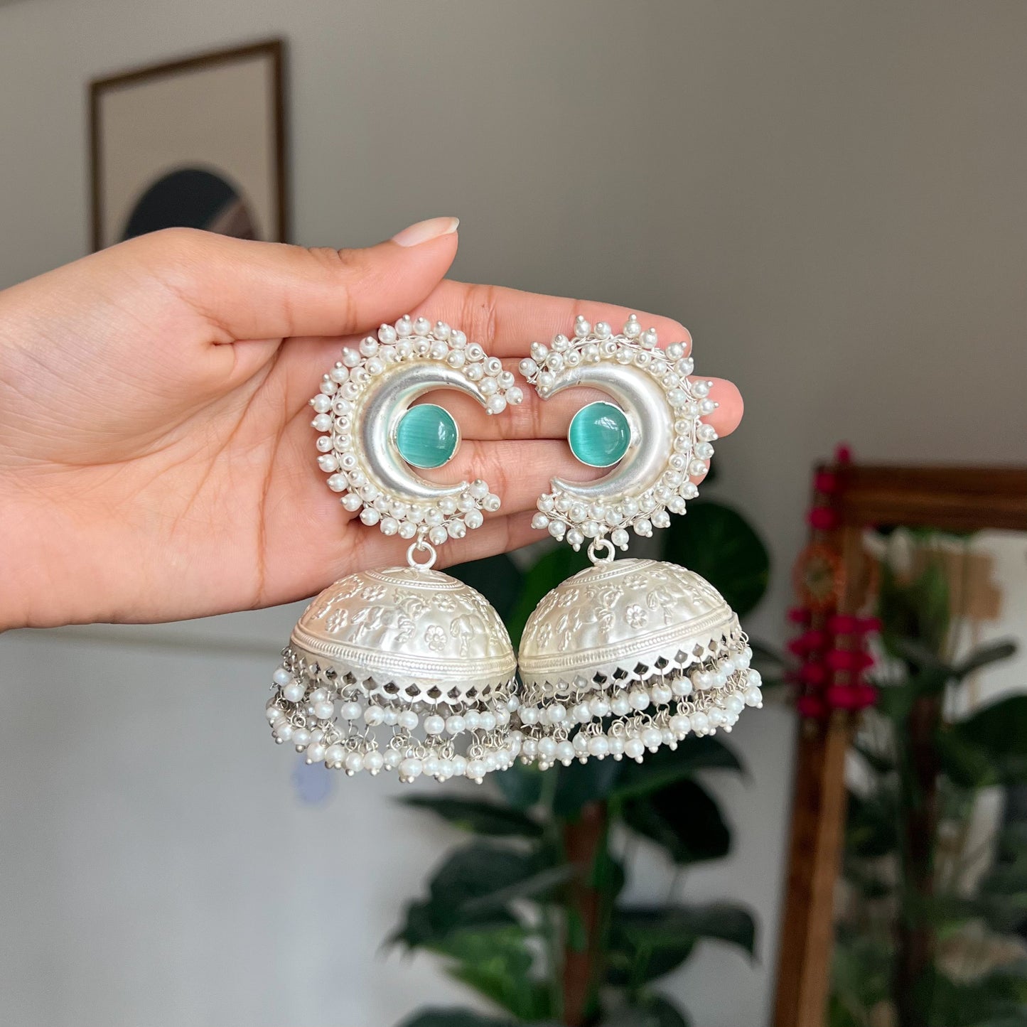 Chandrika Aqua Silver Jhumkas