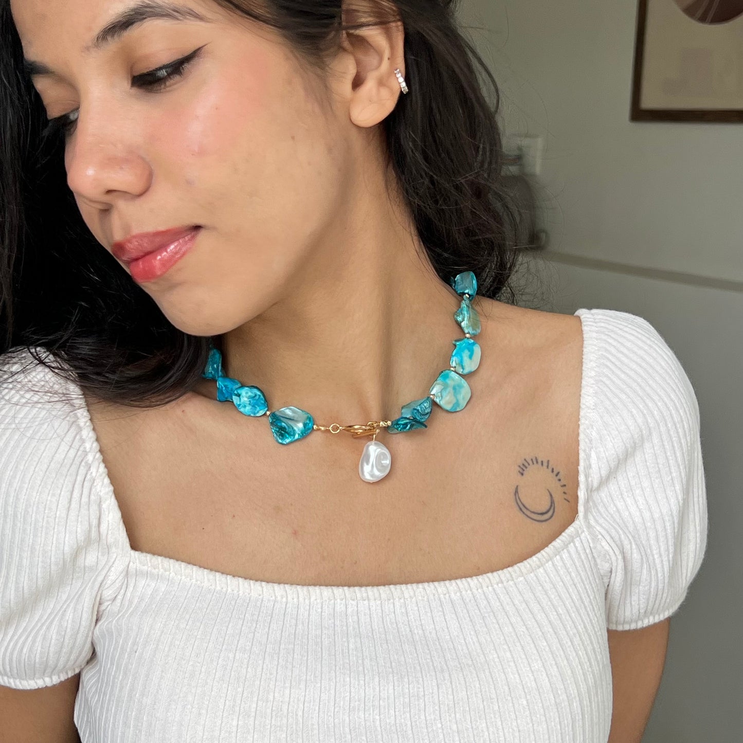 Blue Shell & Pearl Drop Necklace