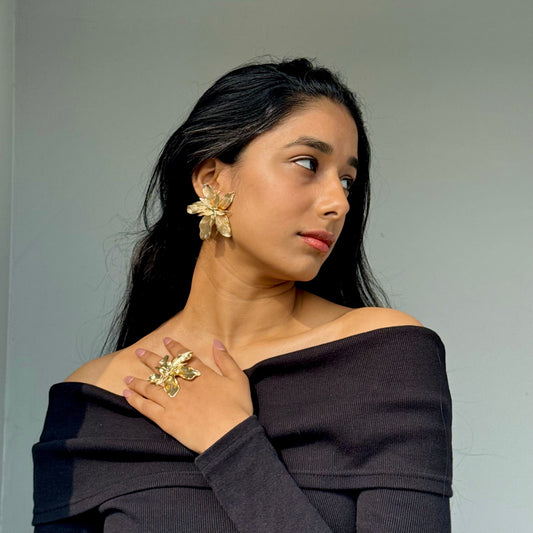 Romania Statement Flower Gold Combo (Earring+Ring)