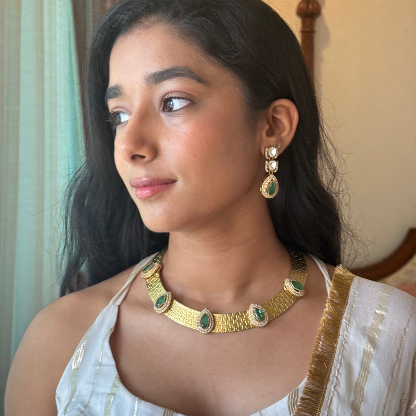 Jodha Emerald Handcrafted Brass Set