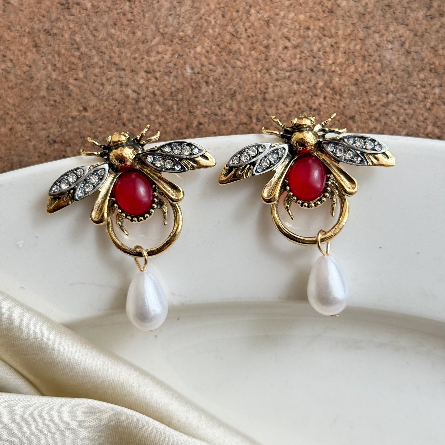 Bee and Faux Pearl Drop Metal Earring Pre Order