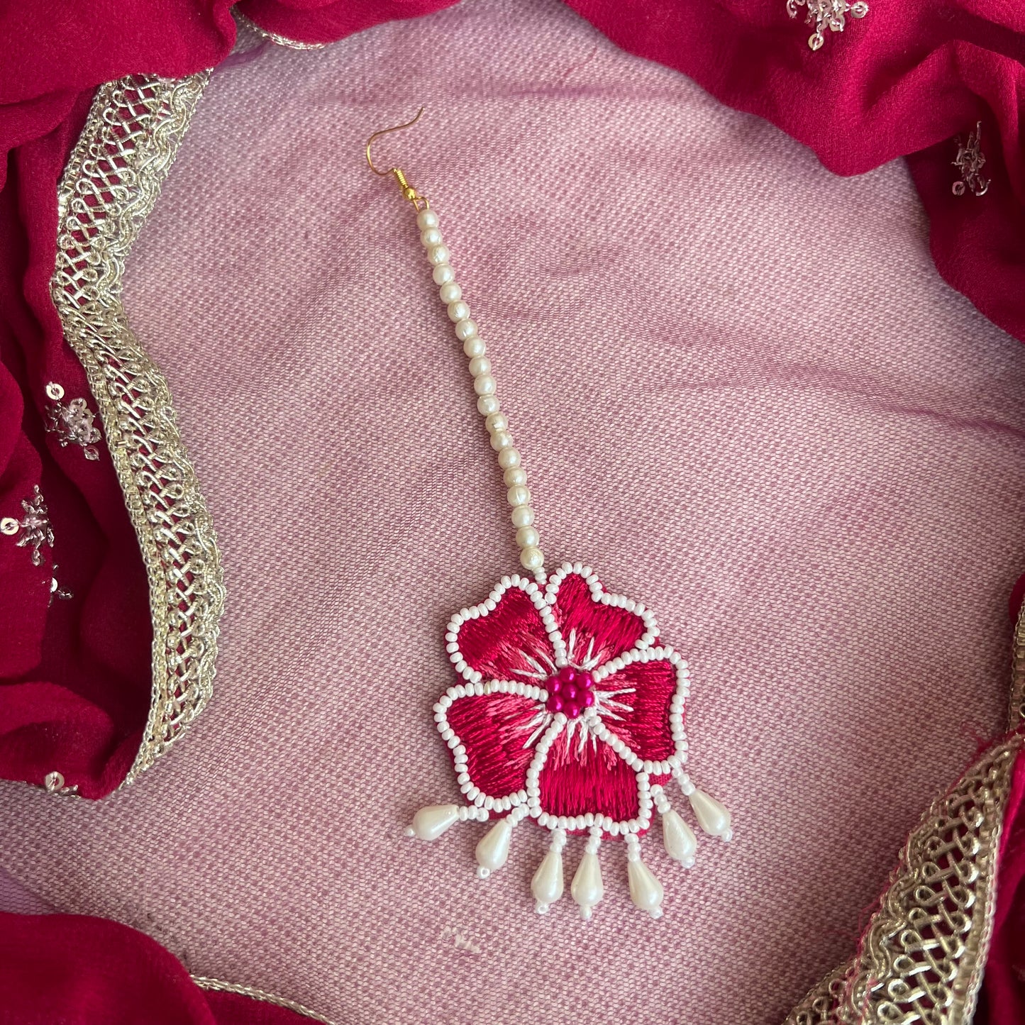 Pink Handmade Beaded Maang tika