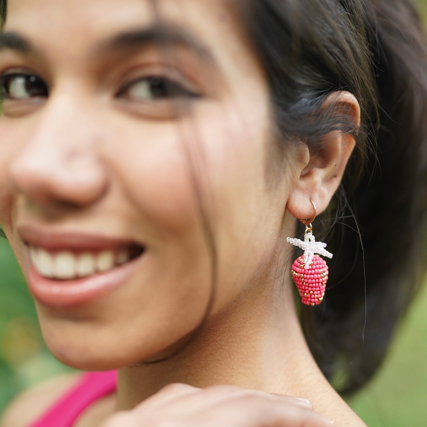 Pink Strawberry Handmade Beaded Drops