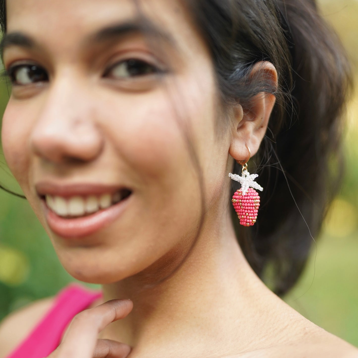 Pink Strawberry Handmade Beaded Drops