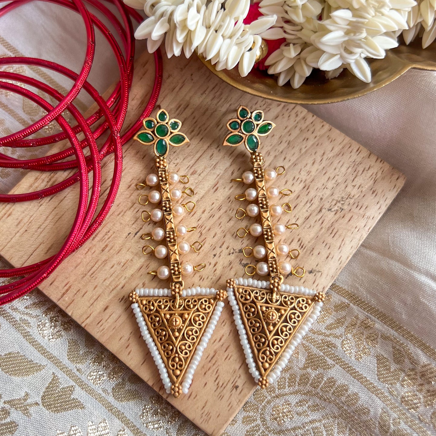 Kaamna Green Temple Earrings