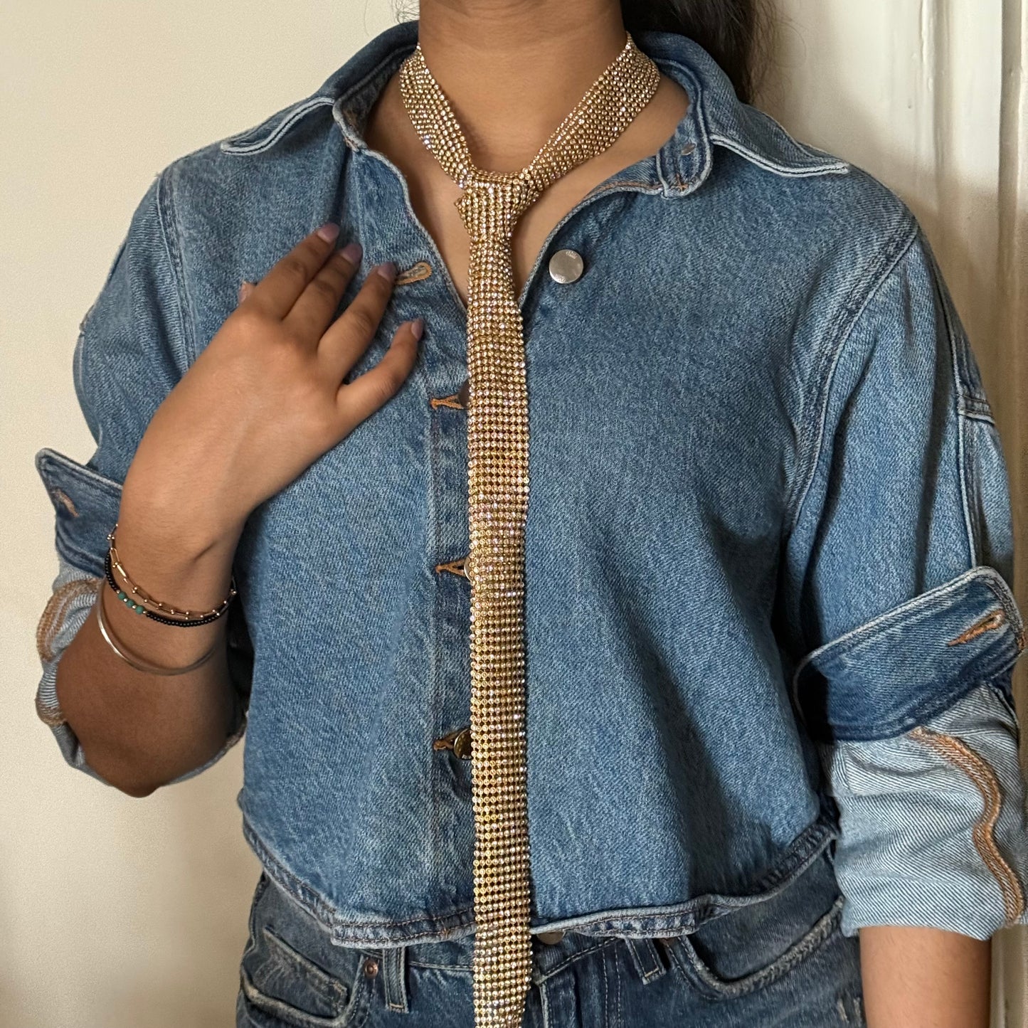 Golden Tie Rhinestone Necklace