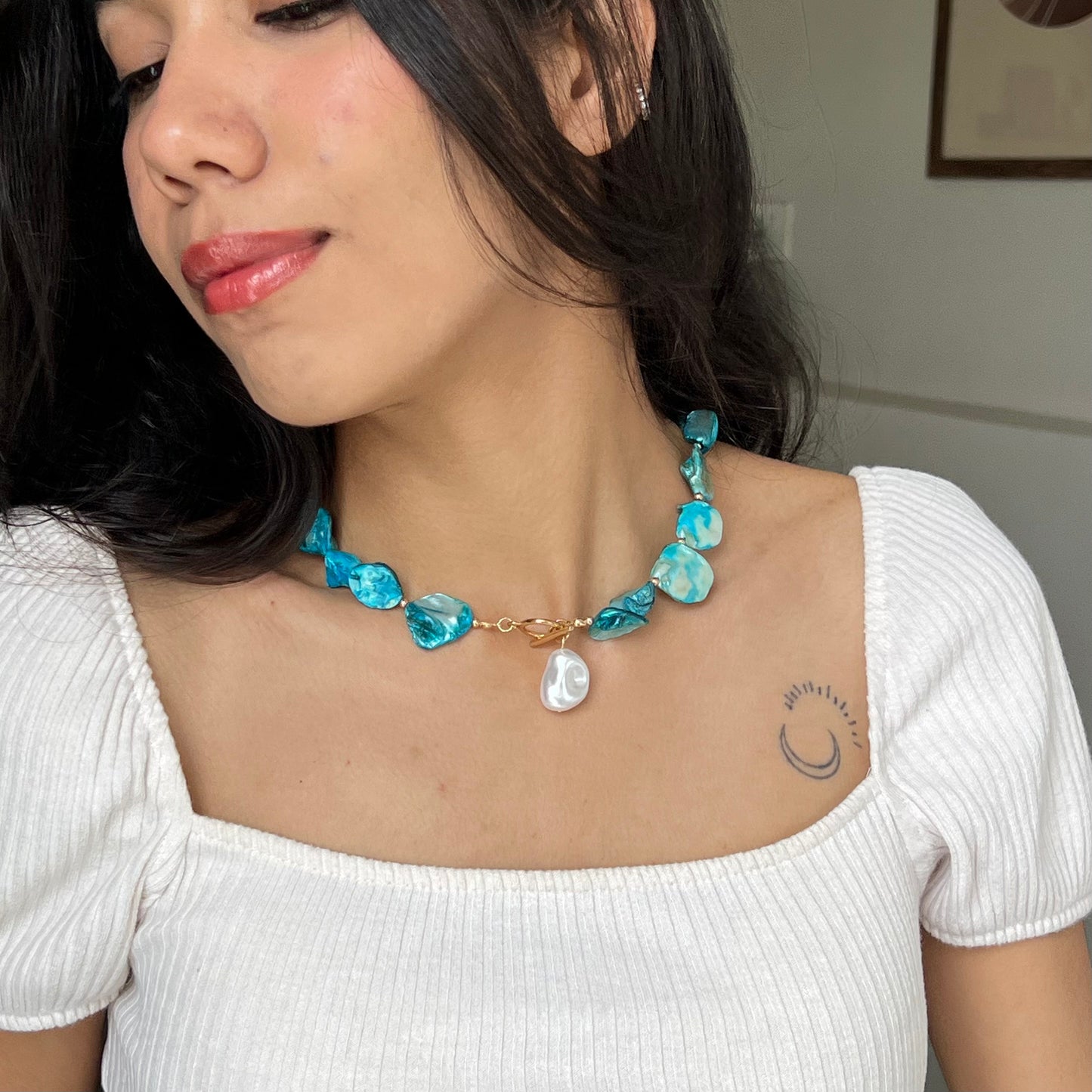 Blue Shell & Pearl Drop Necklace