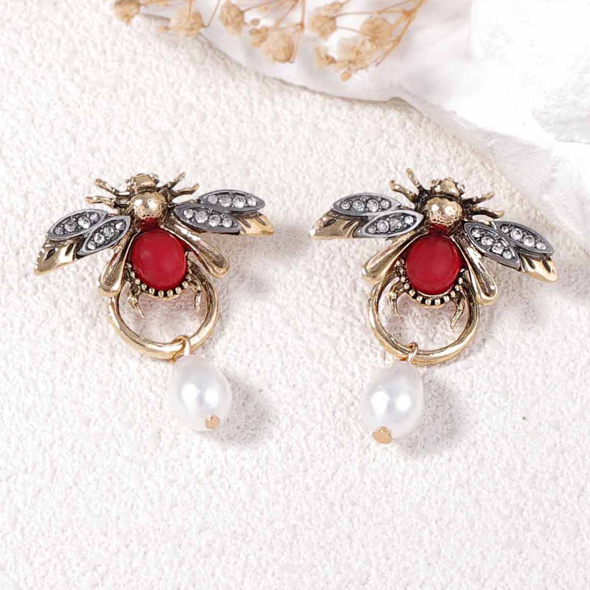 Bee and Faux Pearl Drop Metal Earring Pre Order