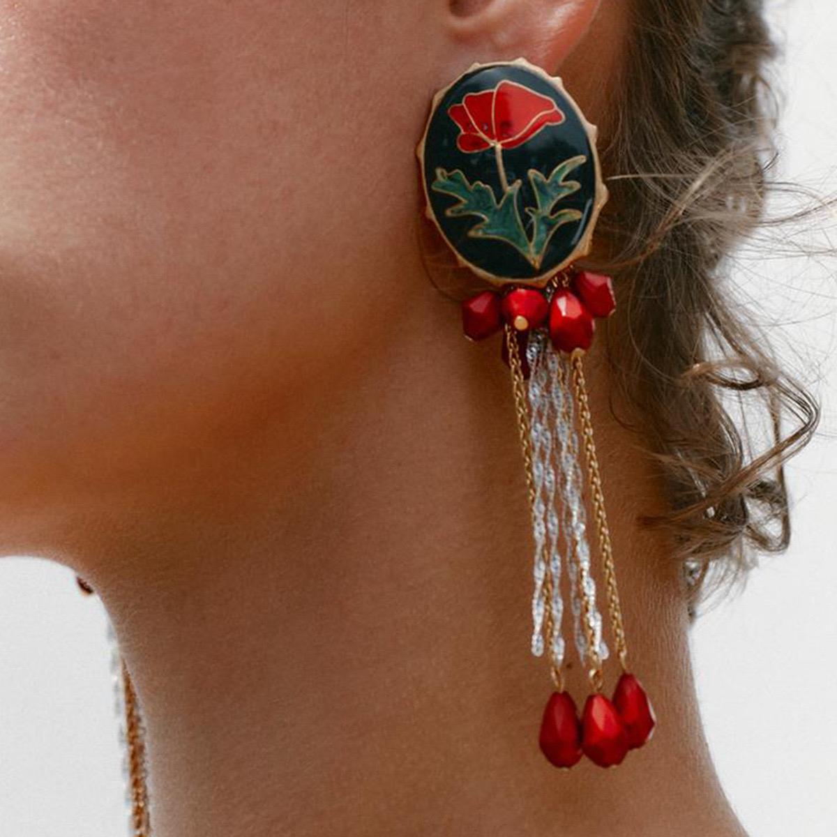 Red Bloom Tassel Earrings