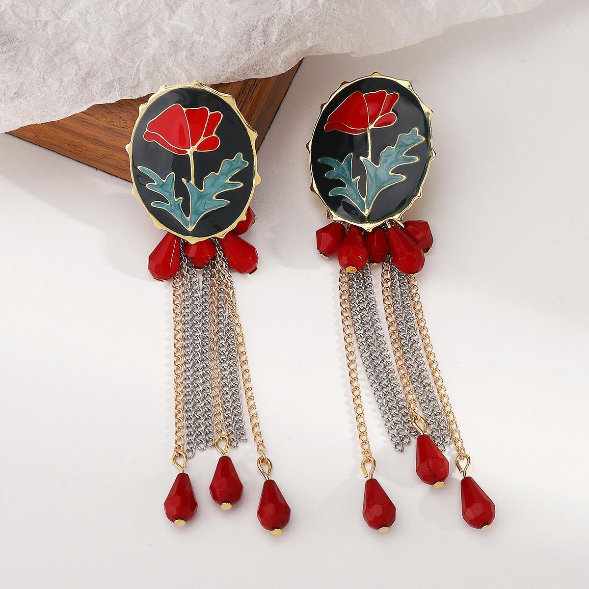 Red Bloom Tassel Earrings