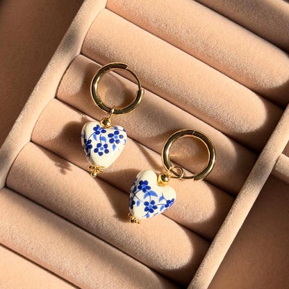 Retro Style Ceramic Porcelain Heart Drop Gold Hoops