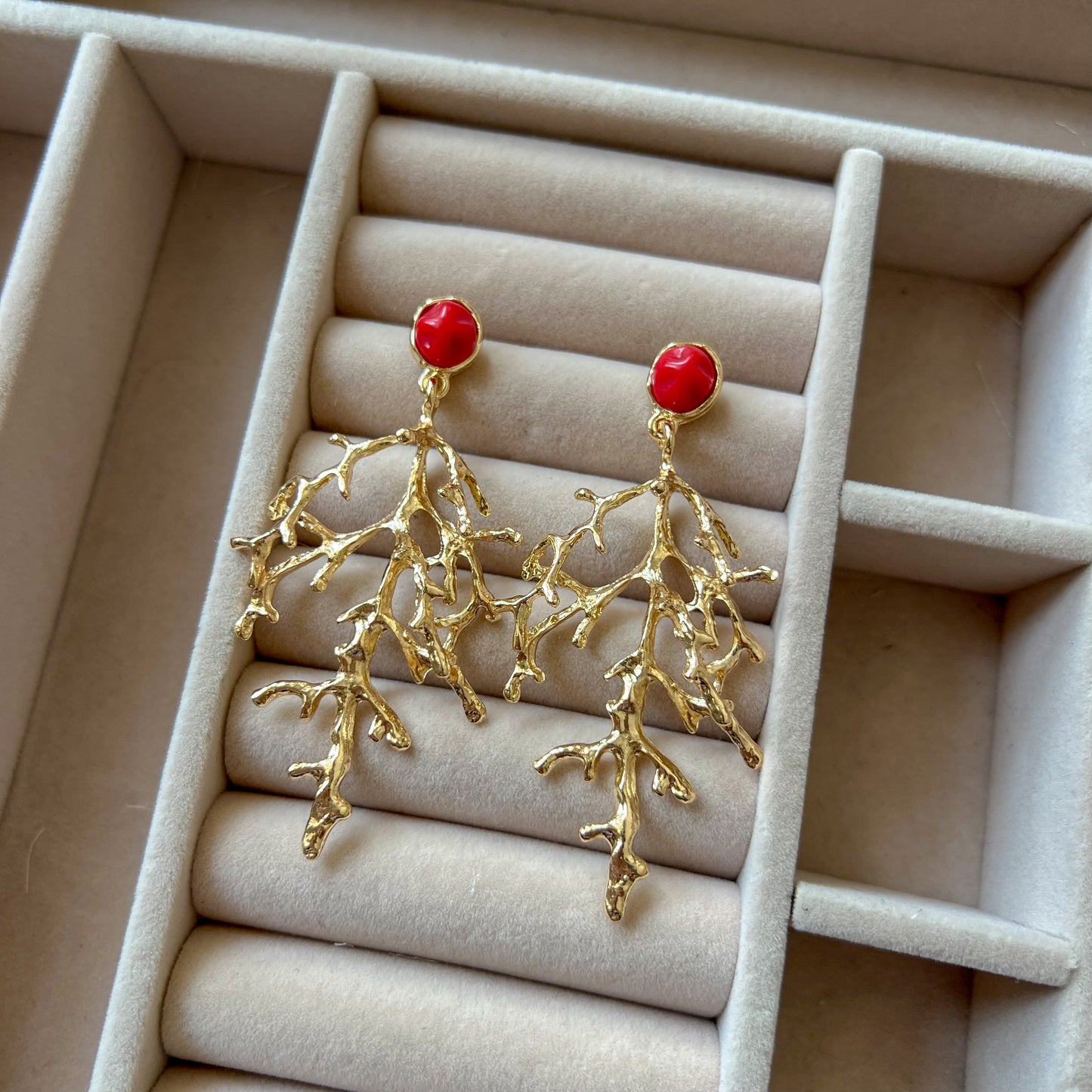 Red Stone Tree Drop Earrings