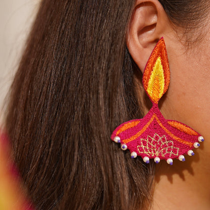 Aanch Diya Shaped Pink Handmade Beaded Earrings