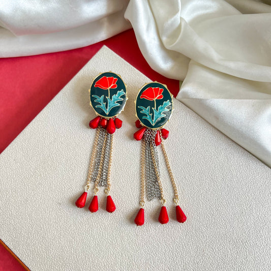Red Bloom Tassel Earrings