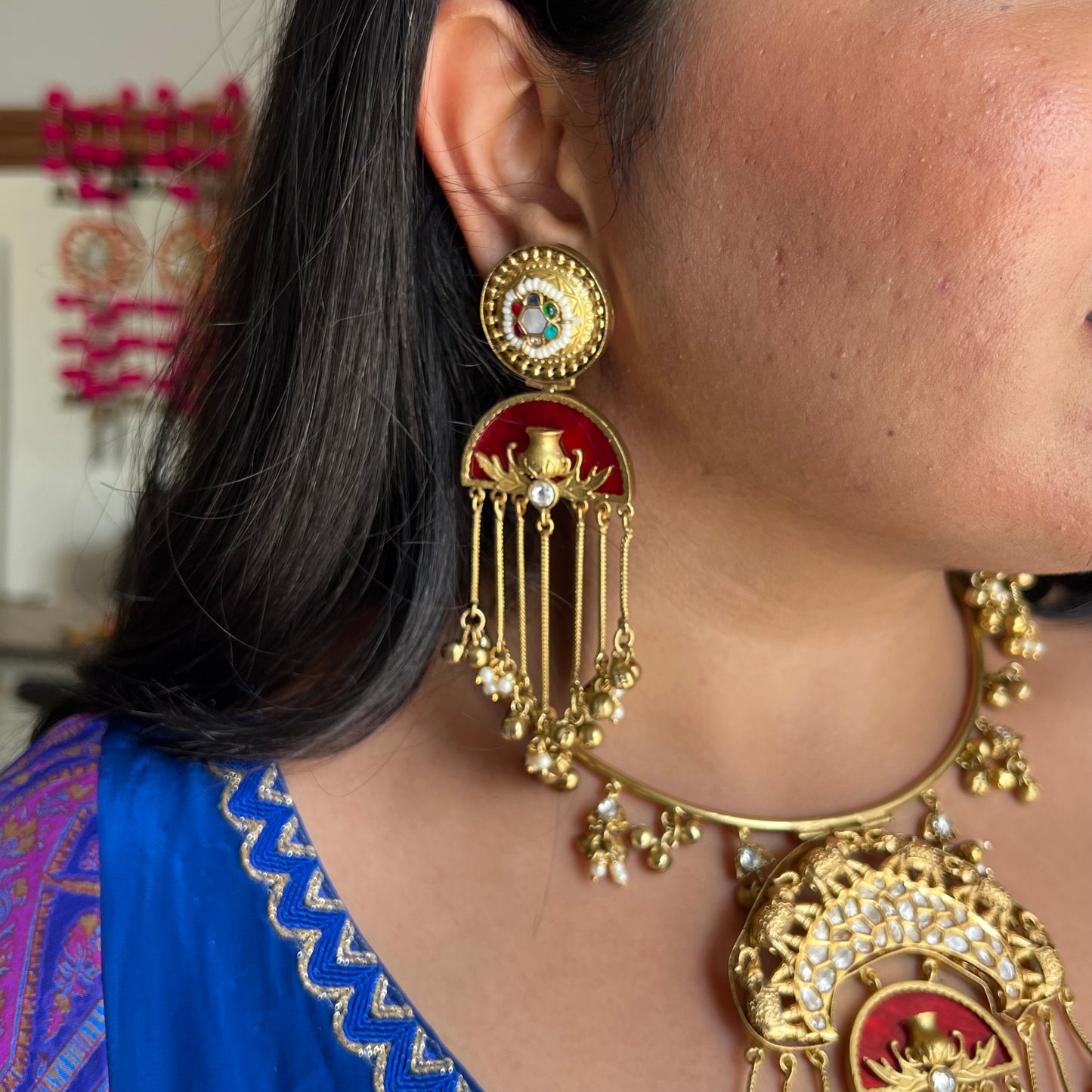 Ghoomar Red Brass Hasli Set