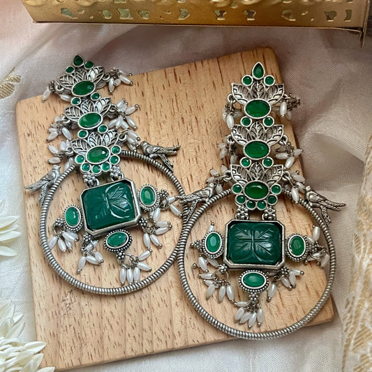 Aadrika Green Silver Temple Earrings