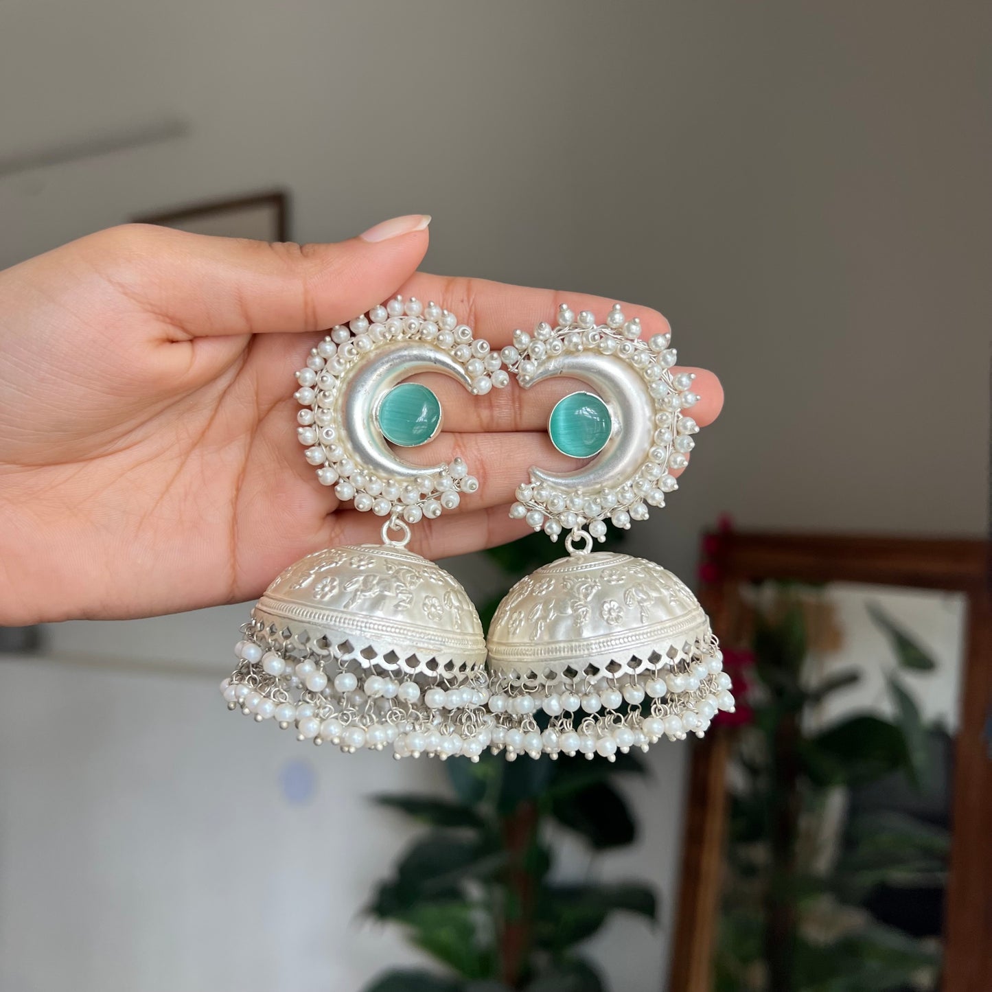 Chandrika Aqua Silver Jhumkas