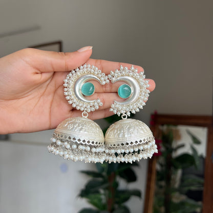 Chandrika Aqua Silver Jhumkas