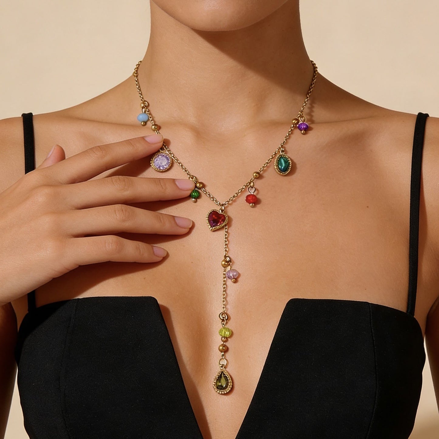 Multi Stone Charm Y Necklace