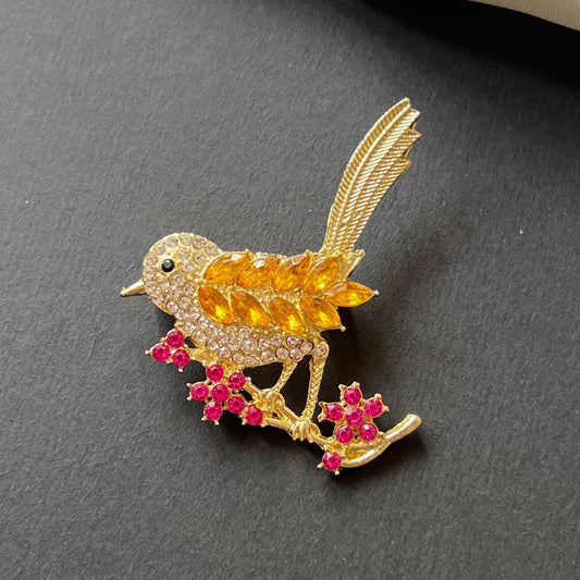Golden Songbird Crystal Brooch