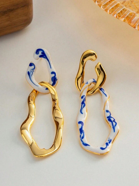 Abstract  Maze Ceramic Porcelain Drop Gold Earrings