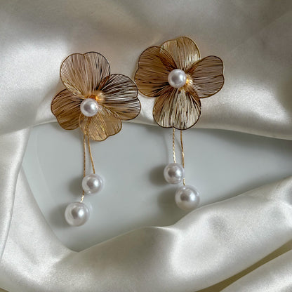 Gold Pearl Flower Earrings