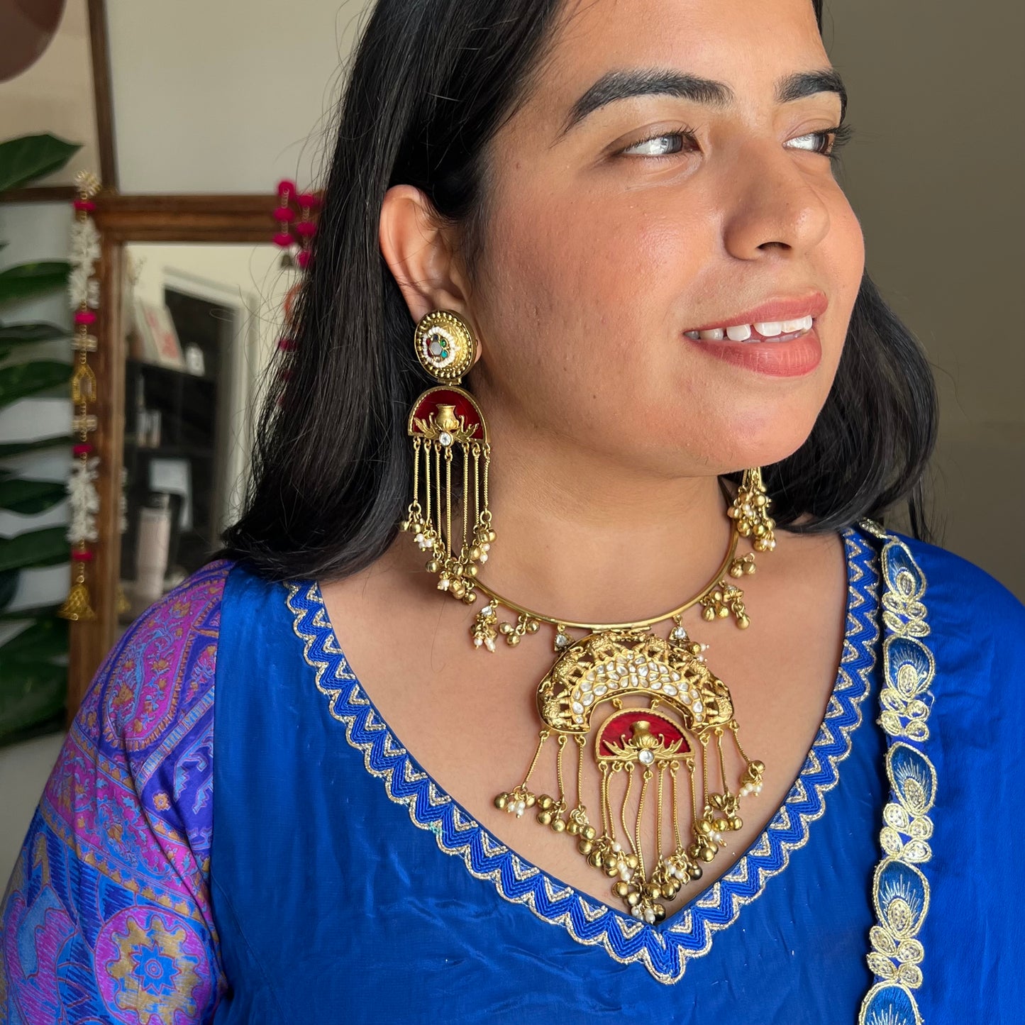 Ghoomar Red Brass Hasli Set