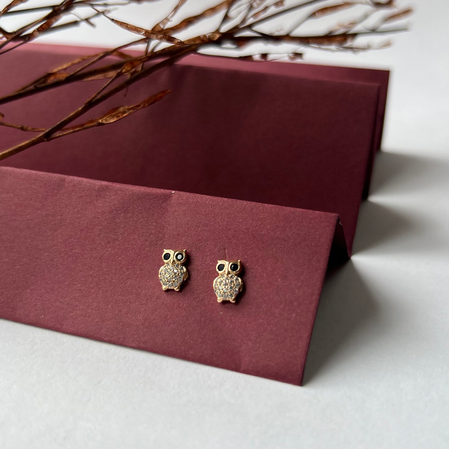 Gold Plated Owl Shaped Cubic Zirconia Studs