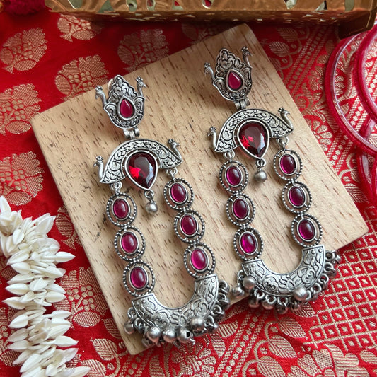 Devika Red Silver Temple Earrings