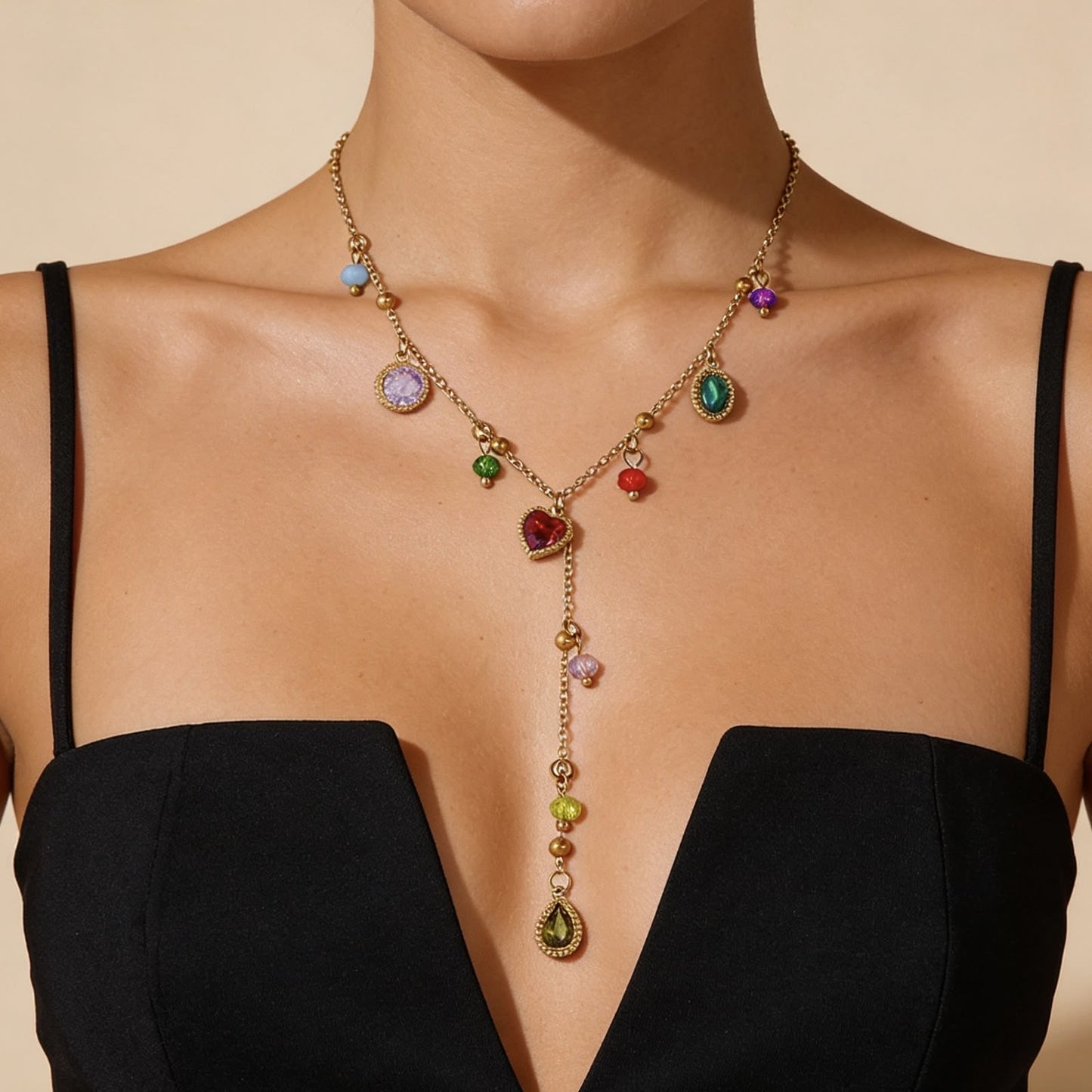 Multi Stone Charm Y Necklace