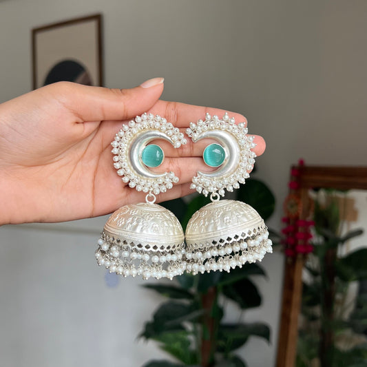 Chandrika Aqua Silver Jhumkas