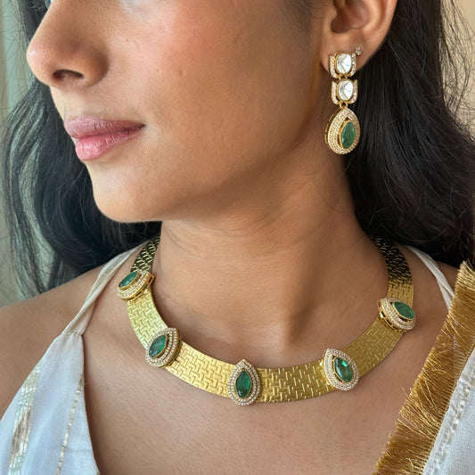 Jodha Emerald Handcrafted Brass Set