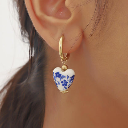 Retro Style Ceramic Porcelain Heart Drop Gold Hoops