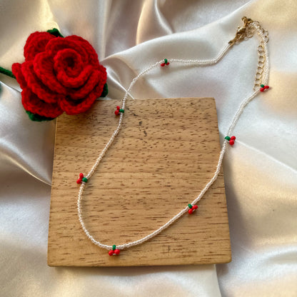 Cherry Red Dainty Handmade Beaded Necklace